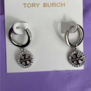 Tory Burch Silver Logo Drop Earrings